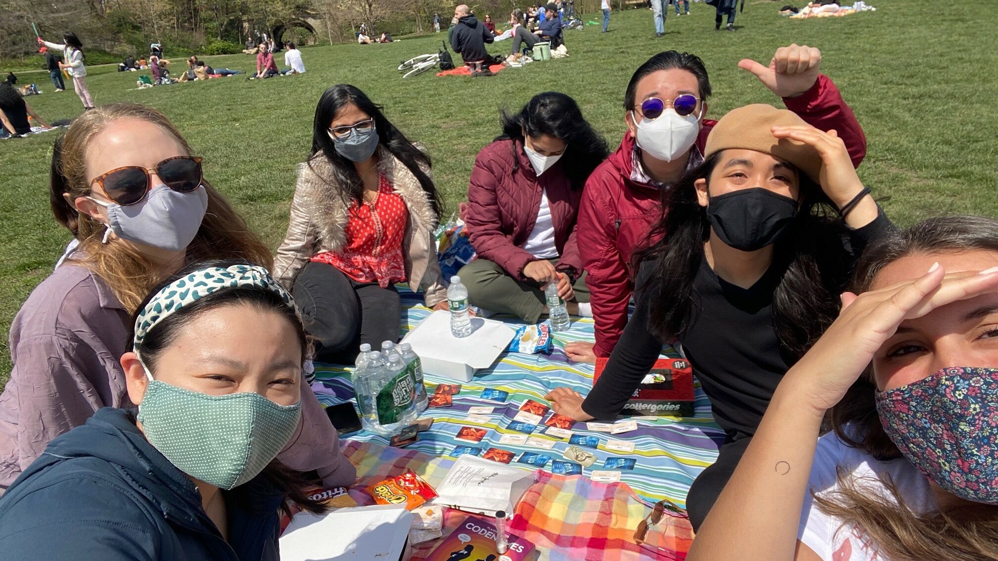 Students sit together on a blanket in Central Park